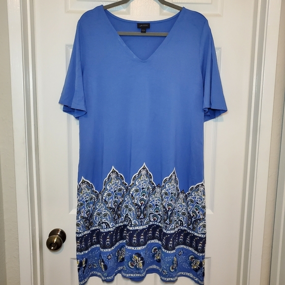 J. Jill Wearever Collection Blue Paisley A-Line Dress Flutter Sleeves Sz L - Picture 1 of 10